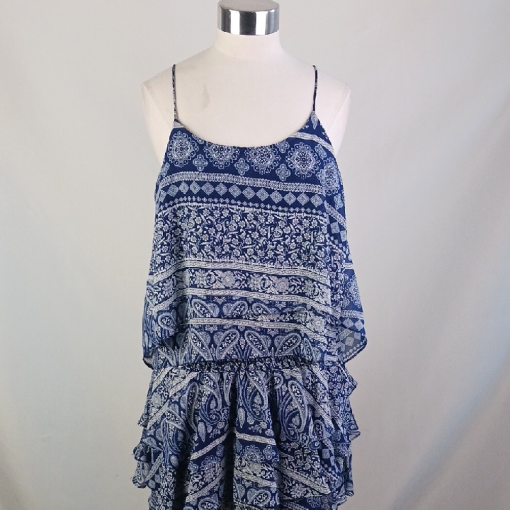 Misa Blue Print Ruffle Mini Dress.